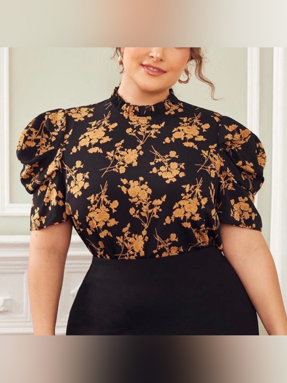 SHEIN Floral ruched puff sleeve ruffle mock neck blouse